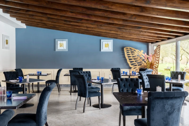 Elegant restaurant room with blue seating, wooden beams and garden view for a gourmet experience in Liguria - Sarzana Park Hotel, BZAR hotels in Liguria